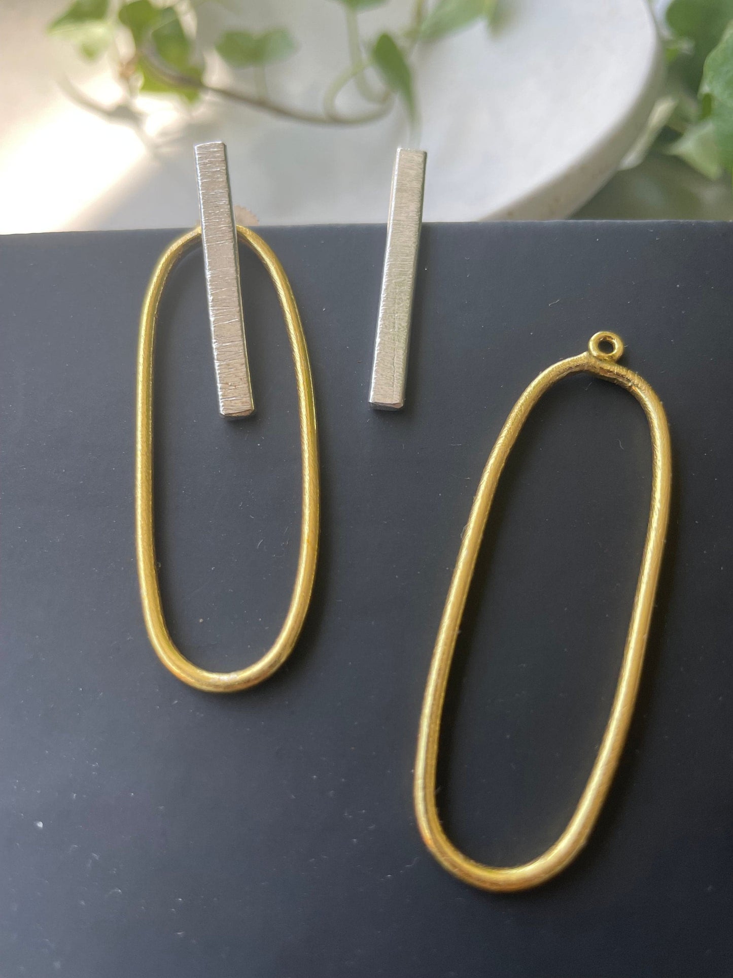 Silver & Gold Oval Ear‑Jacket Earrings – Modular Brass Studs – view 8 | Raavi Jewelry