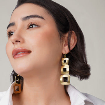 Tiered Square Earrings – worn on model | Raavi Jewelry