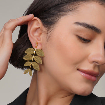 Laurel Leaf Drop Earrings – worn on model | Raavi Jewelry
