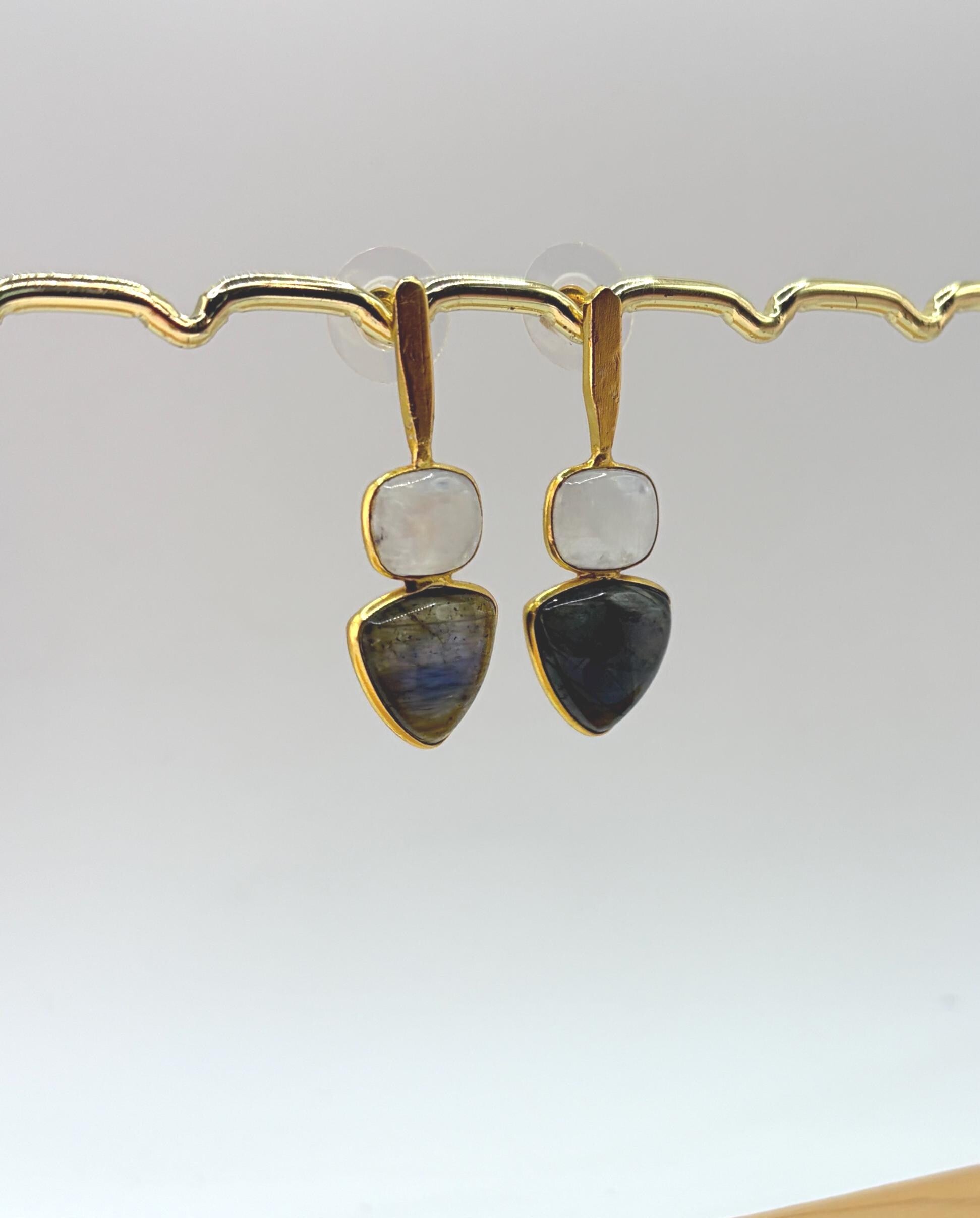 Moonstone & Labradorite Dangle Earrings – detail close-up | Raavi Jewelry
