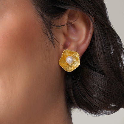 Freshwater Pearl Textured Gold Flower Earrings, Brass Botanical Studs