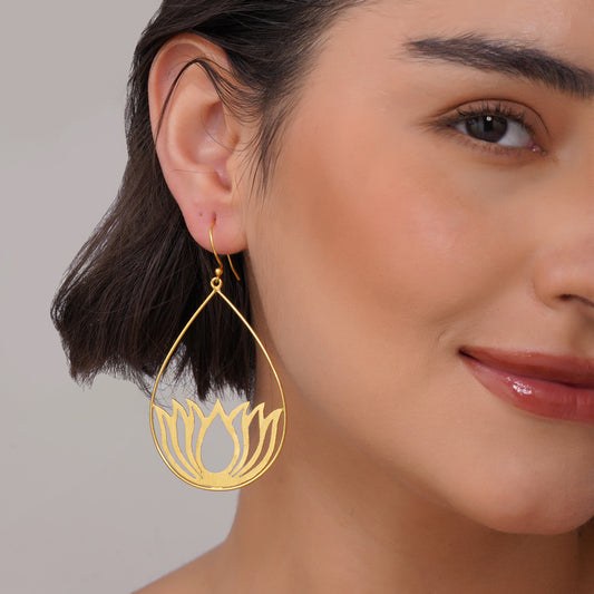 Lotus Teardrop Earrings – handmade gold-plated brass earrings, nickel-free | Raavi Jewelry