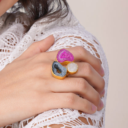 Two-Finger Agate Ring: Adjustable Band – handmade natural stone & gold-plated brass ring, nickel-free | Raavi Jewelry