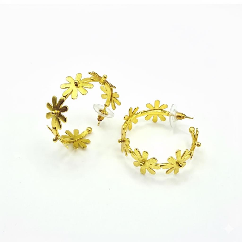 Flower Hoop Earrings – handmade gold-plated brass earrings, nickel-free | Raavi Jewelry