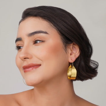 Hammered Square Hoop Earrings – worn on model | Raavi Jewelry