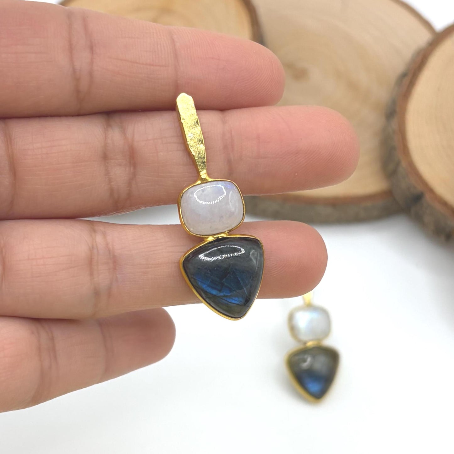 Moonstone & Labradorite Dangle Earrings – worn on model | Raavi Jewelry