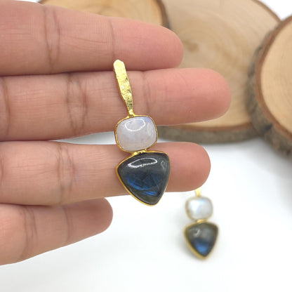 Moonstone & Labradorite Dangle Earrings – worn on model | Raavi Jewelry