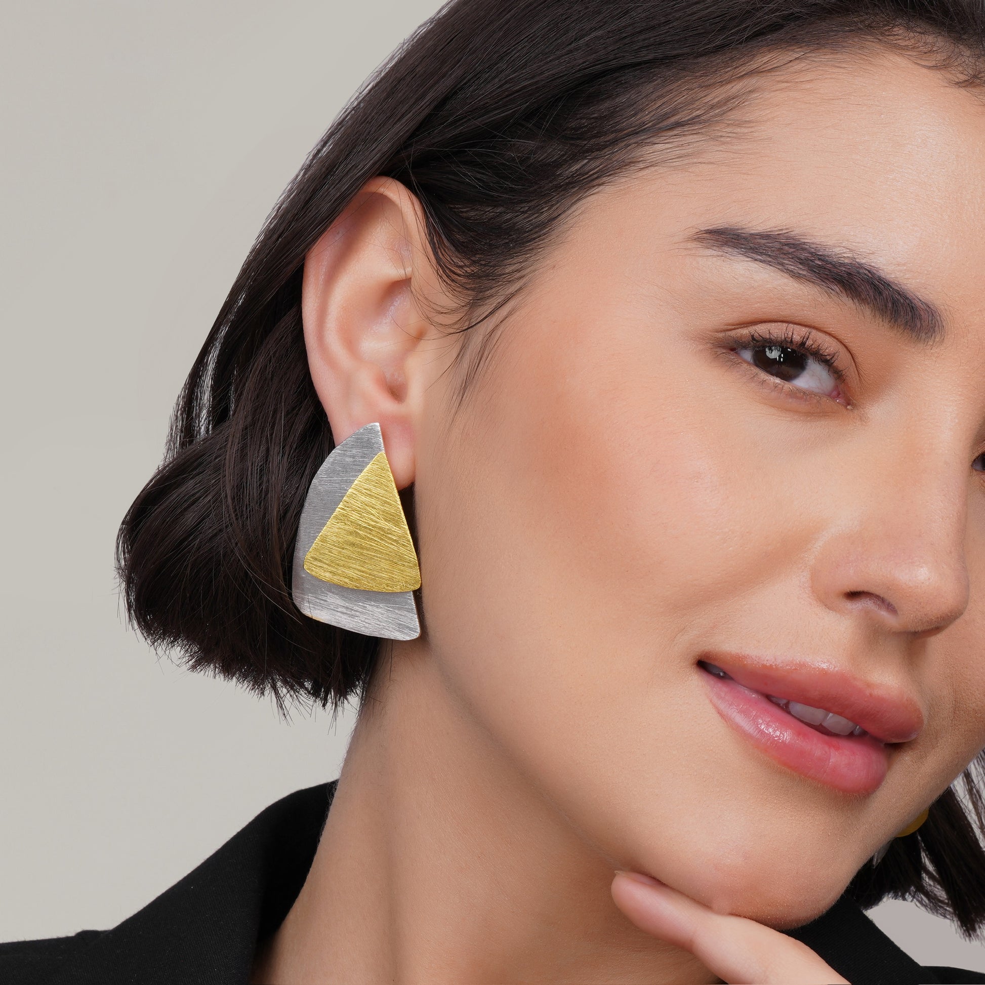 Mixed Geometric Triangle Earrings – detail close-up | Raavi Jewelry