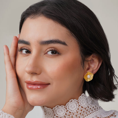 Freshwater Pearl Textured Gold Flower Earrings, Brass Botanical Studs