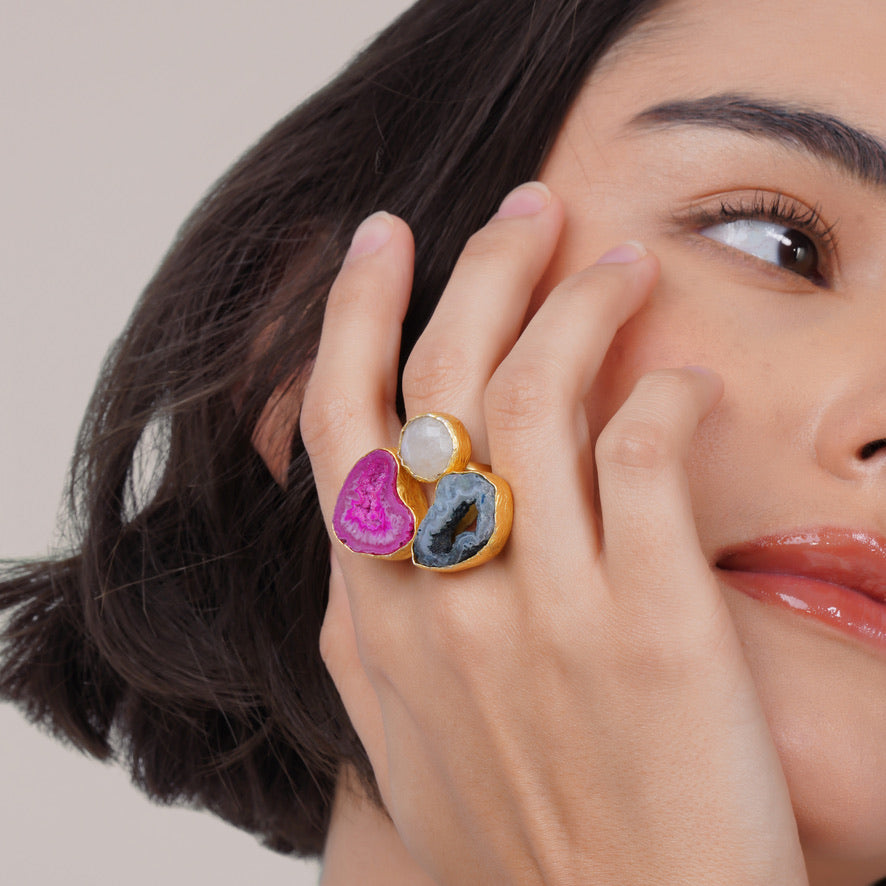 Two-Finger Agate Ring: Adjustable Band – worn on model | Raavi Jewelry