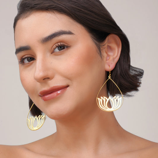 Lotus Teardrop Earrings – worn on model | Raavi Jewelry