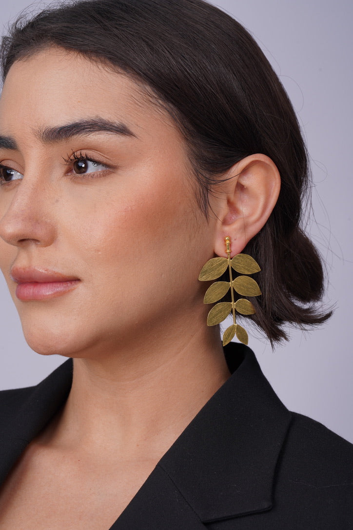 Laurel Leaf Drop Earrings – handmade gold-plated brass earrings, nickel-free | Raavi Jewelry