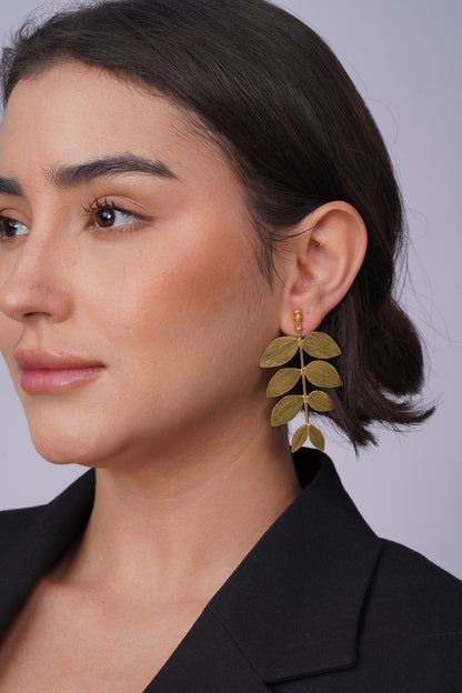 Laurel Leaf Drop Earrings – handmade gold-plated brass earrings, nickel-free | Raavi Jewelry