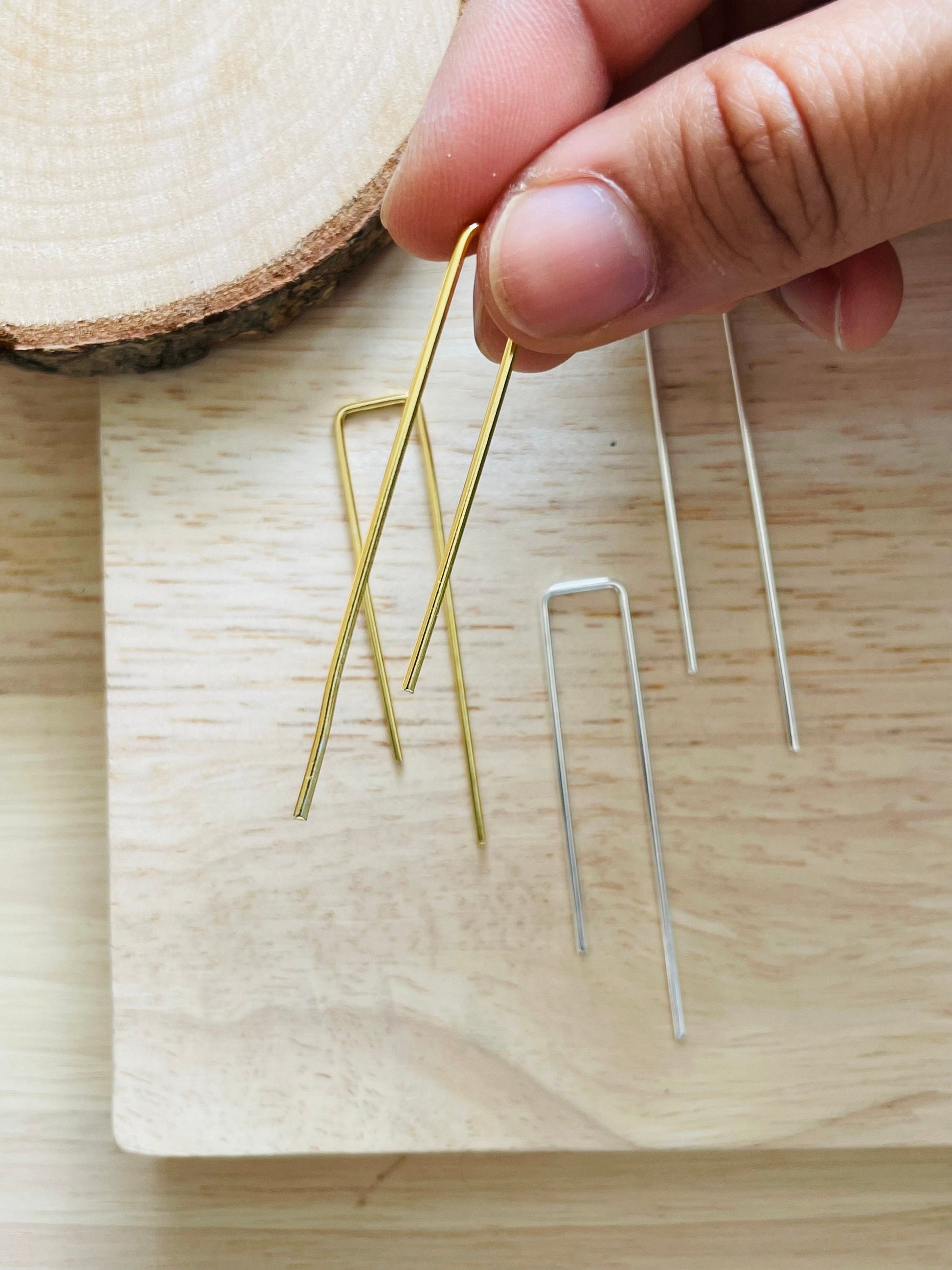 Minimal Straight Thread Earrings – worn on model | Raavi Jewelry