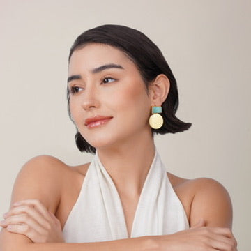Celestial Balance Stone Drop Earrings – worn on model | Raavi Jewelry