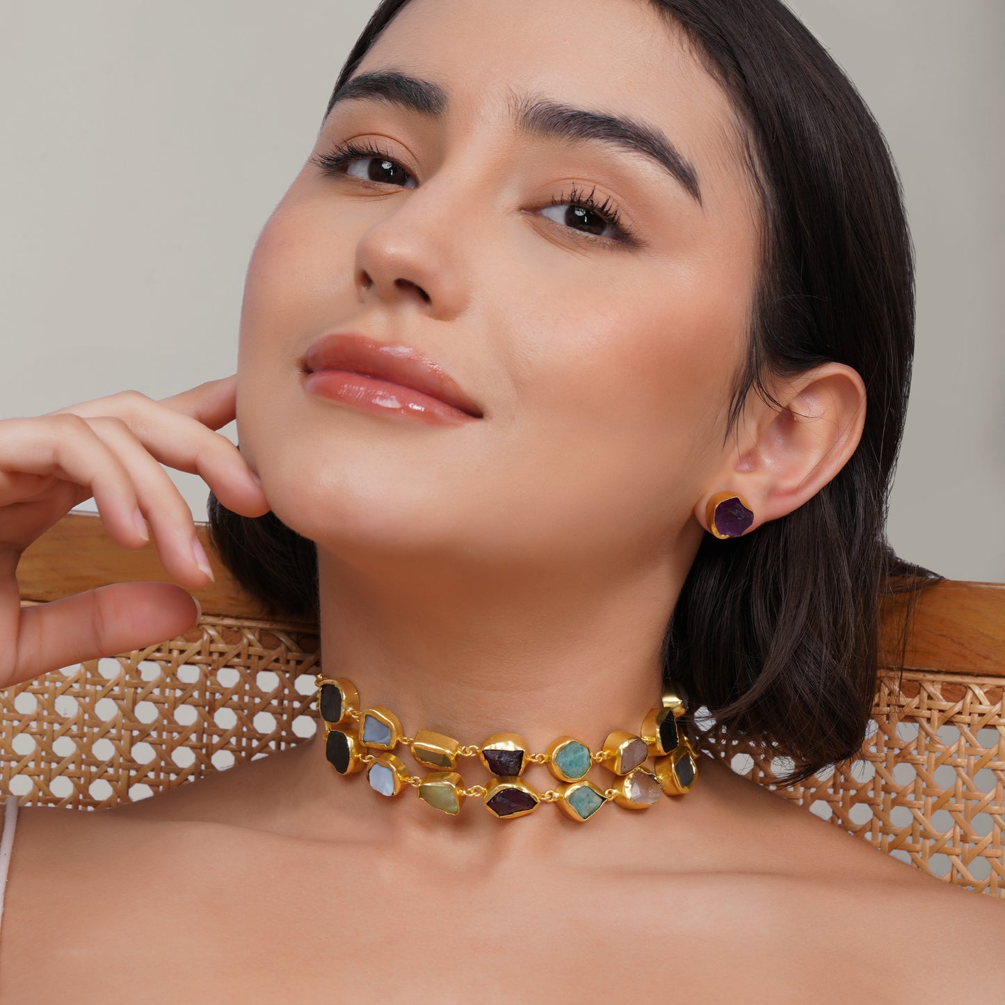 Mosaic Earth-Core Multi-Layered Gemstone Choker with earrings – detail close-up | Raavi Jewelry