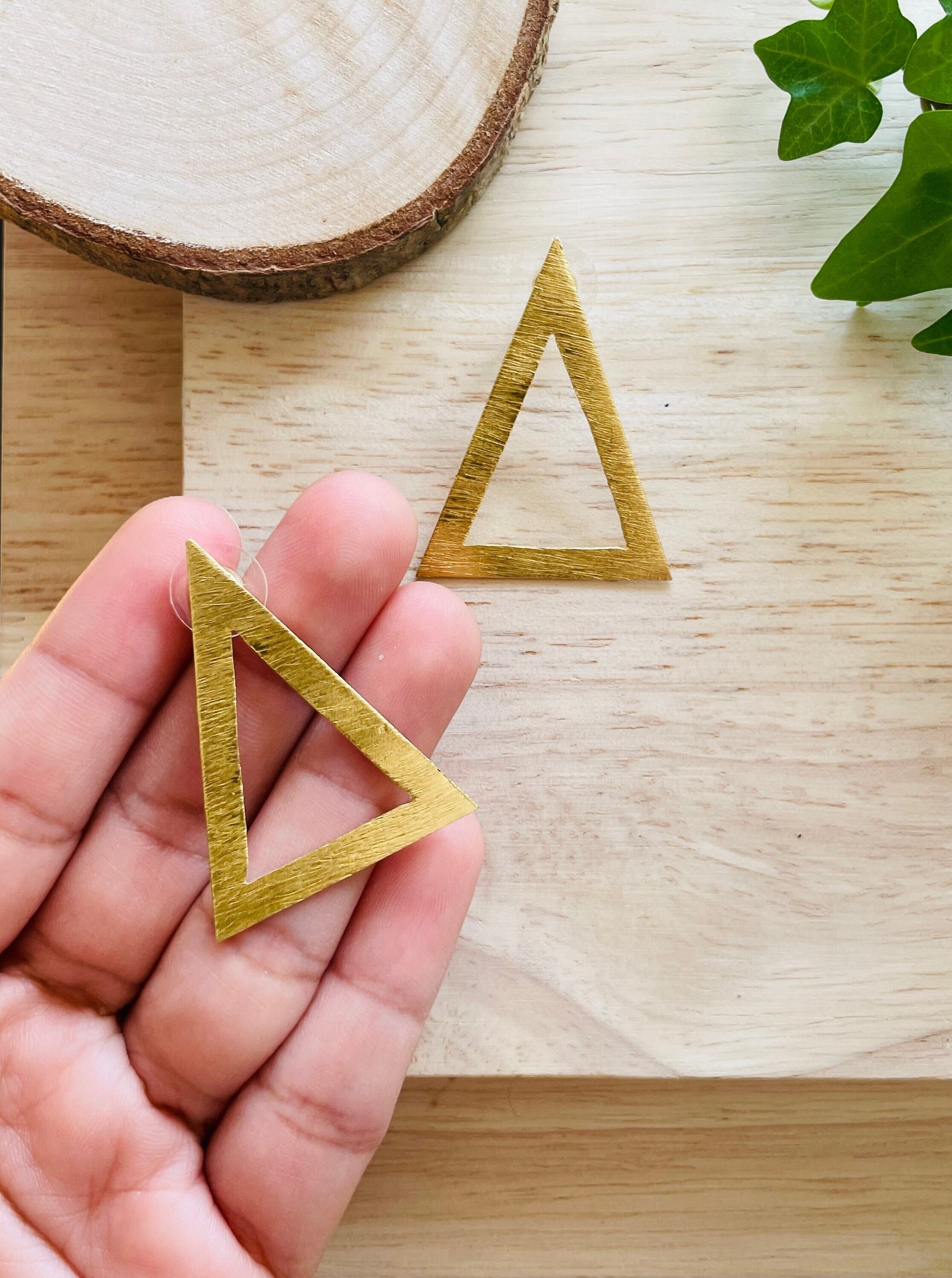 Gold Triangle Earrings – detail close-up | Raavi Jewelry