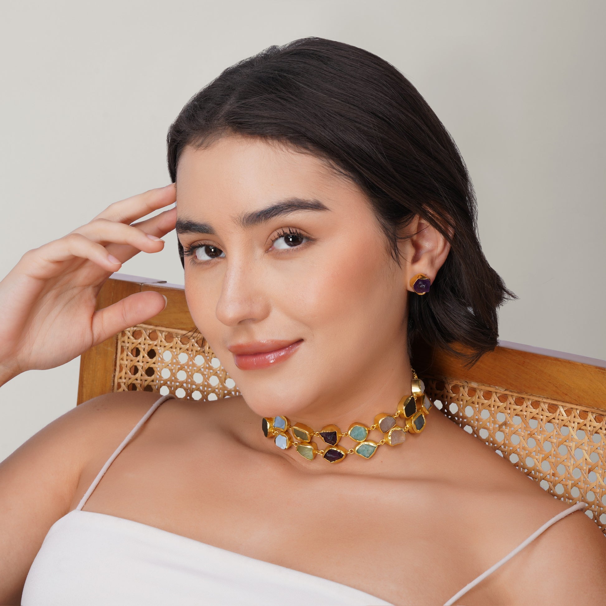 Mosaic Earth-Core Multi-Layered Gemstone Choker with earrings – handmade natural stone & gold-plated brass earrings, nickel-free | Raavi Jewelry