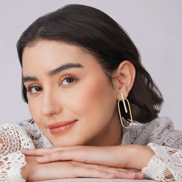 Silver & Gold Oval Ear‑Jacket Earrings – Modular Brass Studs – worn on model | Raavi Jewelry