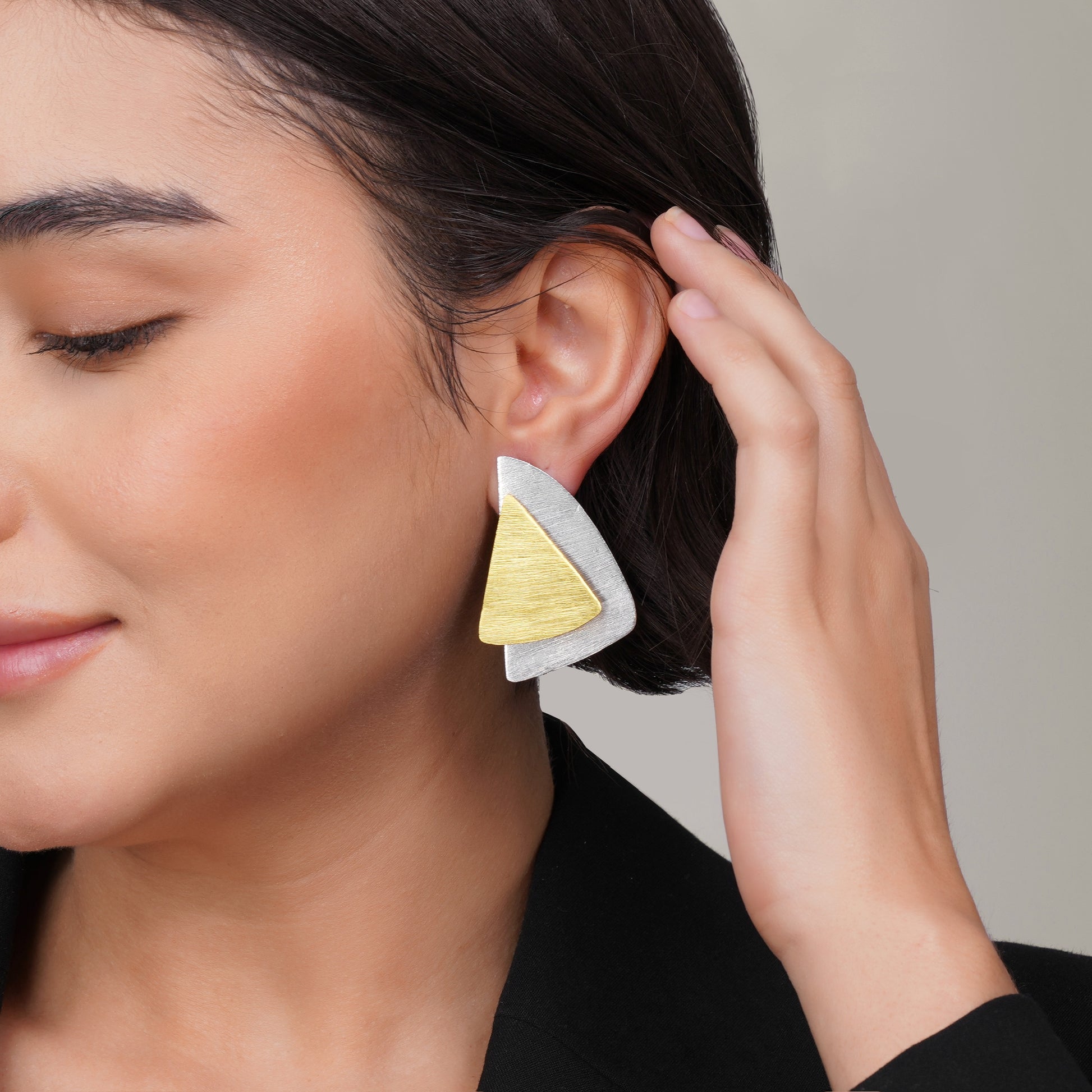 Mixed Geometric Triangle Earrings – handmade gold-plated brass earrings, nickel-free | Raavi Jewelry