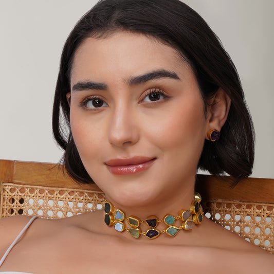 Mosaic Earth-Core Multi-Layered Gemstone Choker with earrings – side view | Raavi Jewelry