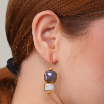 Labradorite and moonstone bar earrings in brass