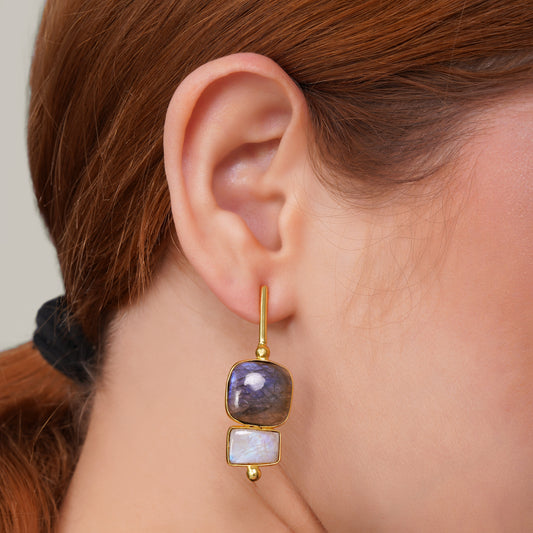 Labradorite and moonstone bar earrings in brass