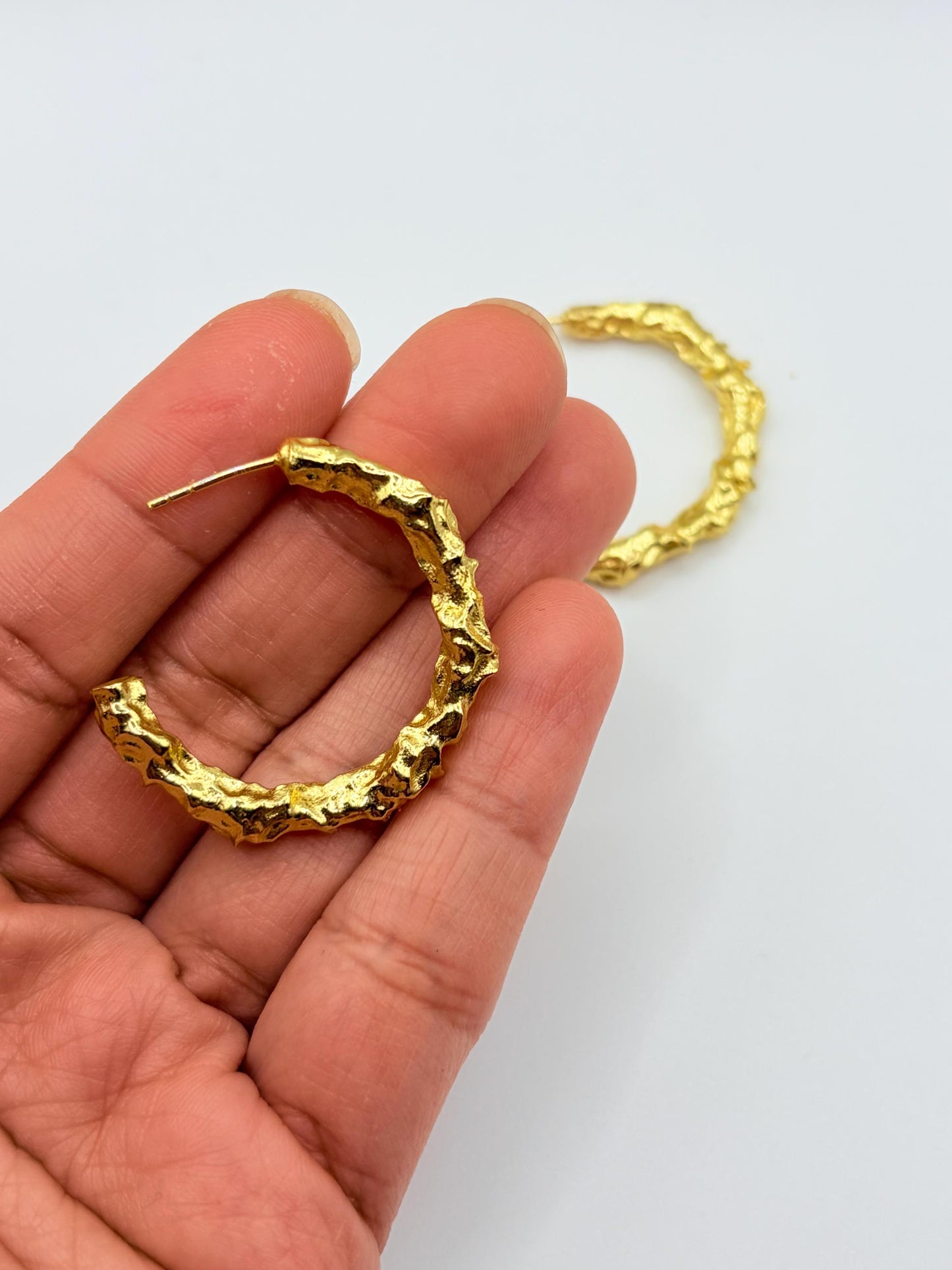 Hammered Hoop Earrings – worn on model | Raavi Jewelry