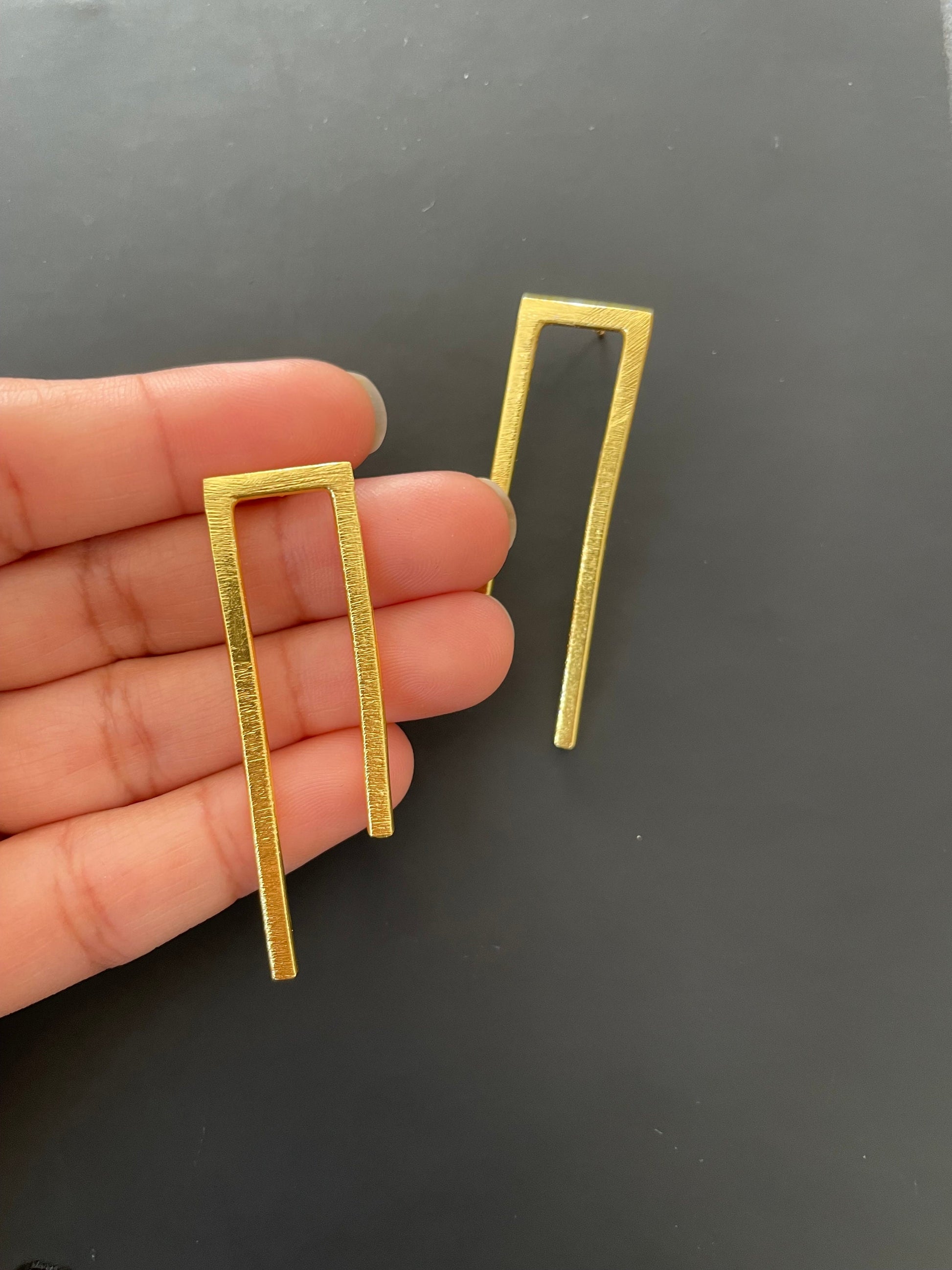 Long Geometric Drop Earrings – worn on model | Raavi Jewelry