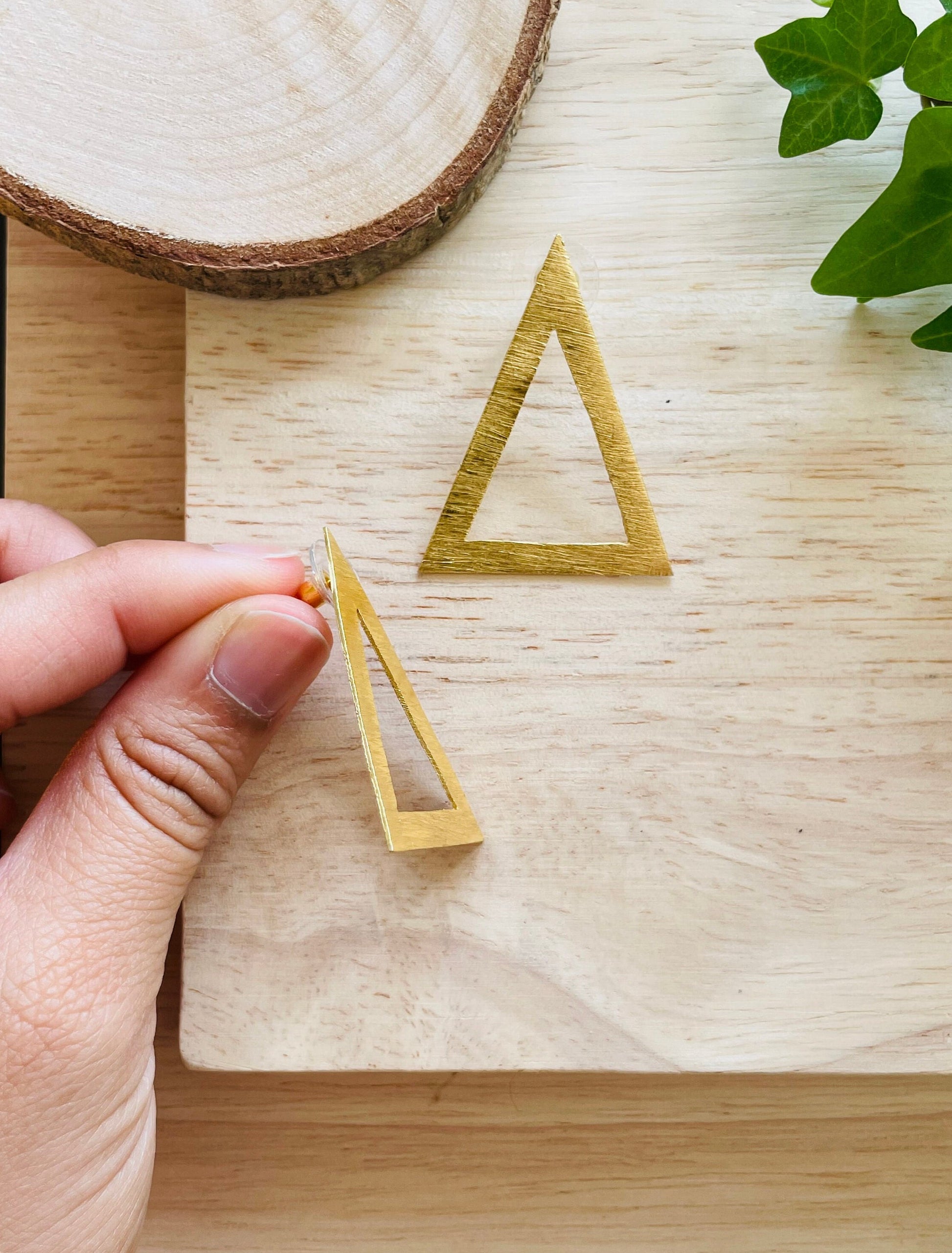 Gold Triangle Earrings – worn on model | Raavi Jewelry
