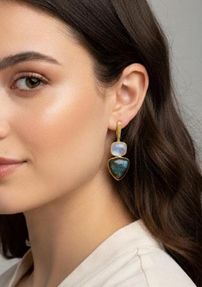 Moonstone & Labradorite Dangle Earrings – side view | Raavi Jewelry